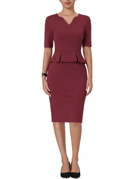 Hobemty- V Neck Peplum Pencil Sheath Dress