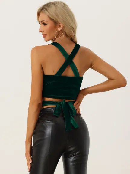 Allegra K- Velvet Cami Spaghetti Strap Deep V Crop Top