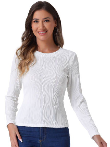 Allegra K - Solid Round Neck Long Sleeve Blouse