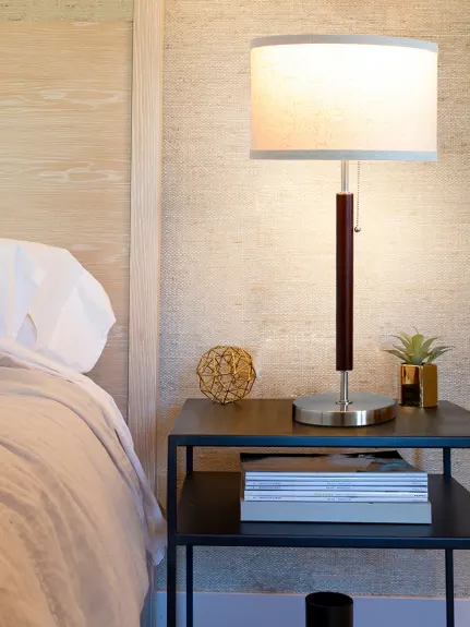 Carter Led Table Lamp With Drum Shade And Walnut Wood Finish