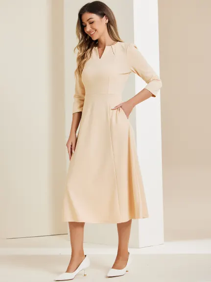 Allegra K- 3/4 Sleeve Notched V Neck A-Line Dress