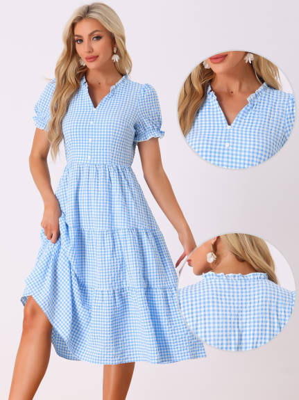 Allegra K- Gingham Ruffle Trim V Neck Button Dress