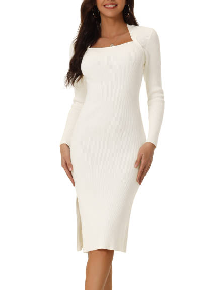 Allegra K - Square Neck Long Sleeve Ribbed Knit Dress