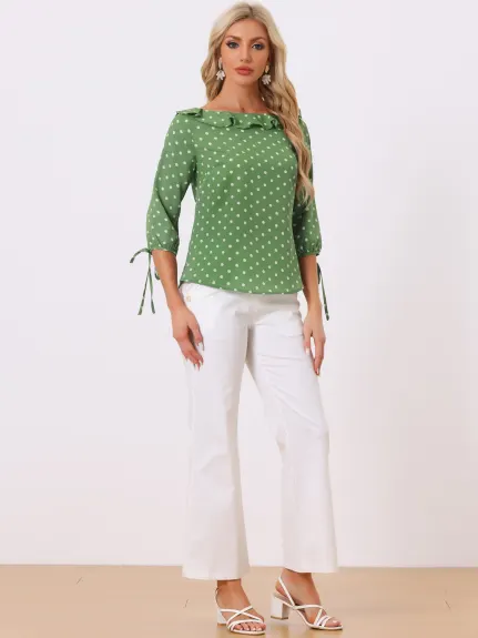 Allegra K- Ruffled Neck Half Sleeve Sheer Polka Dots Blouse