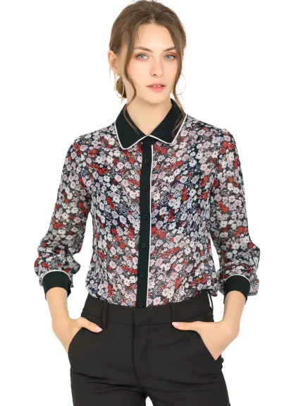 Allegra K- Floral Button up Contrast Color Shirt