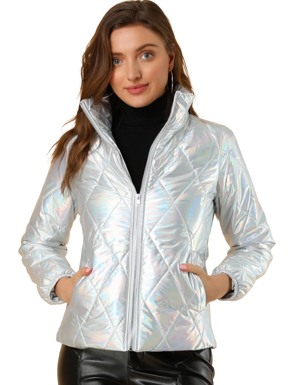 Allegra K- Holographic Zipper Quilt Puffer Jacket