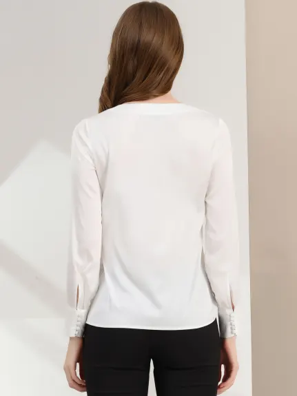 Allegra K - Elegant Satin Long Sleeve Solid Work Blouse