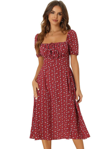 Allegra K - Drawstring Ruched Square Neck Floral Dress