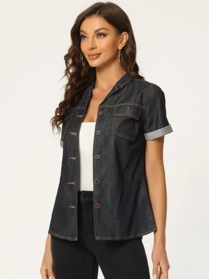 Allegra K- chemise en Jean col cranté boutonné