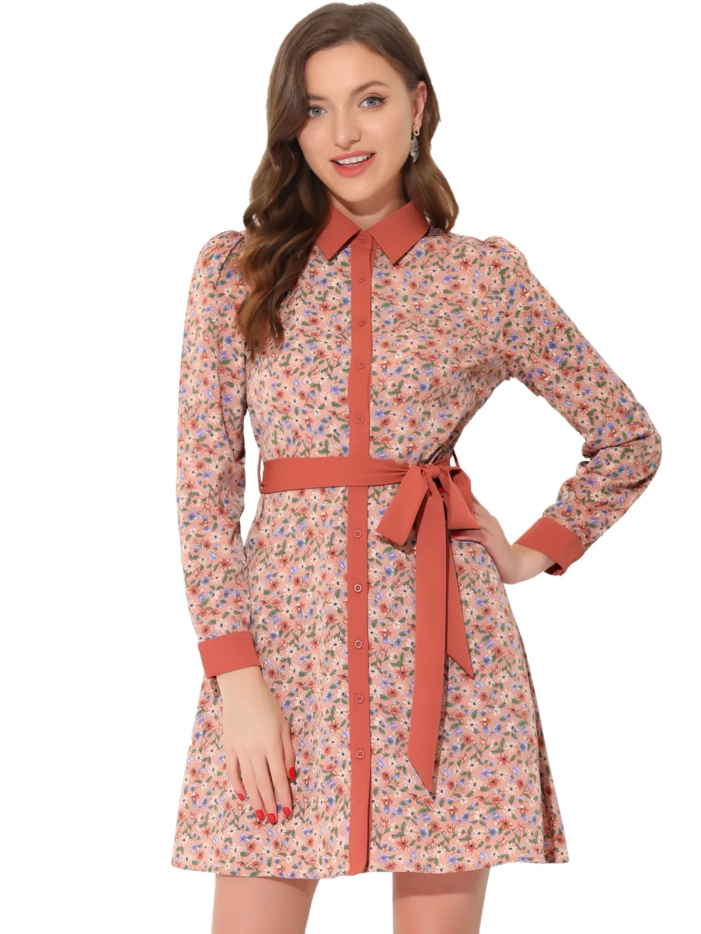 Allegra K- Contrast Collar Floral Shirt Dress