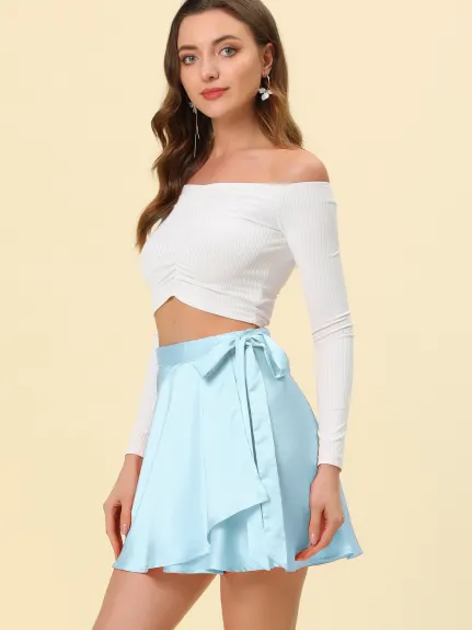 Allegra K- Satin Mini Wrap Skater Skirt