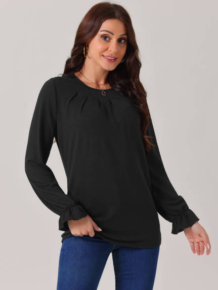 INSPIRE CHIC - Crew Neck Smocked Cuff Long Sleeve Blouse