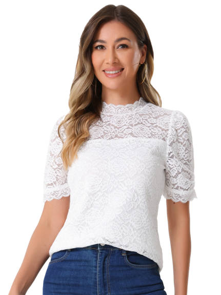 INSPIRE CHIC - Floral Lace Mock Neck Puff Sleeve Blouse