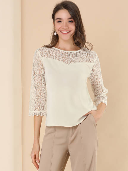 Allegra K - Elegant Lace Sheer 3/4 Sleeve Blouse