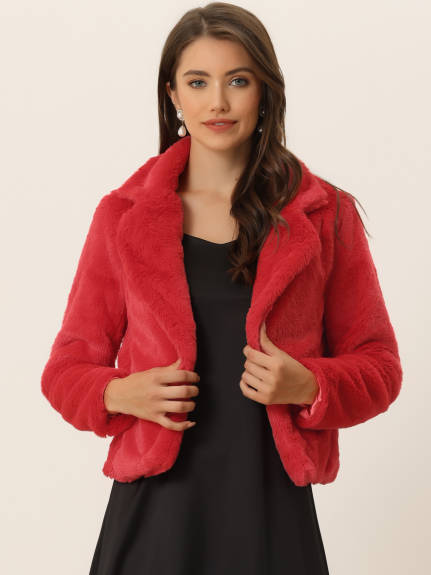 Allegra K- Notch Lapel Faux Fur Fluffy Cropped Coat