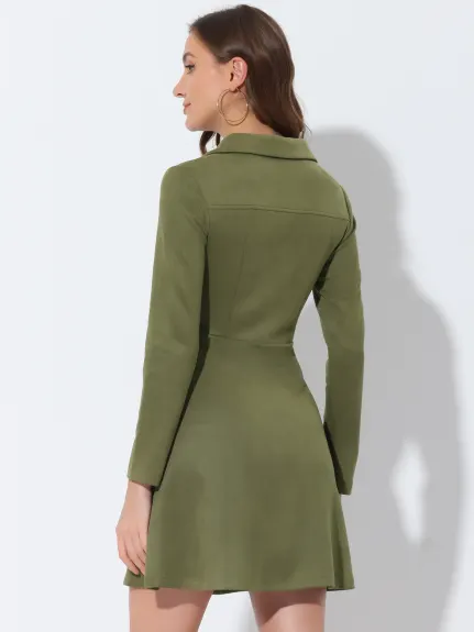 Allegra K- Faux Suede V Neck Long Sleeve A-Line Mini Dress