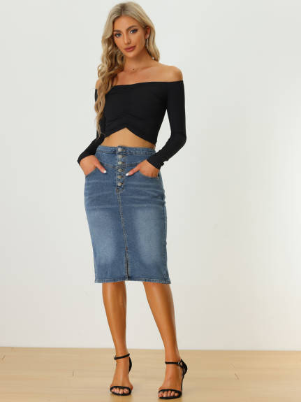 Allegra K - Split High Waist Denim Pencil Skirt