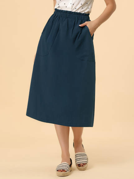 Allegra K- Cotton Elastic Waist Peasant A-Line Midi Skirt