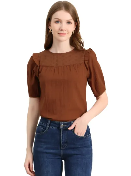 Allegra K - Cotton Round Neck Short Sleeve Ruffle Top