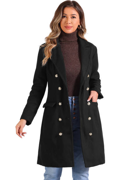 Allegra K - Notched Lapel Double Breasted Long Pea Coat