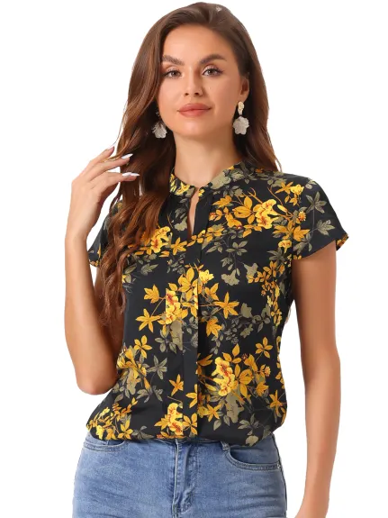 Allegra K- Satin Floral Cap Sleeve Blouse