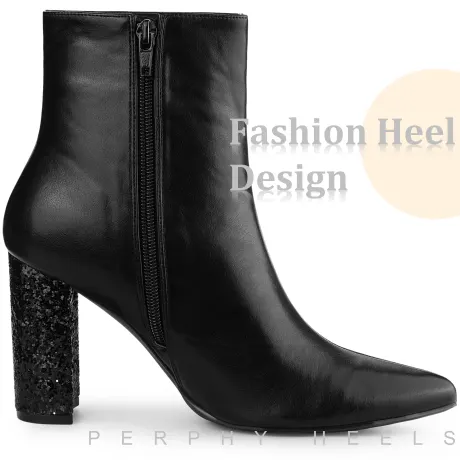 Allegra K - Glitter Block Heels Zipper Ankle Boots