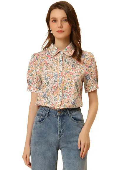 Allegra K- Contrast Trim Puff Sleeve Floral Shirt