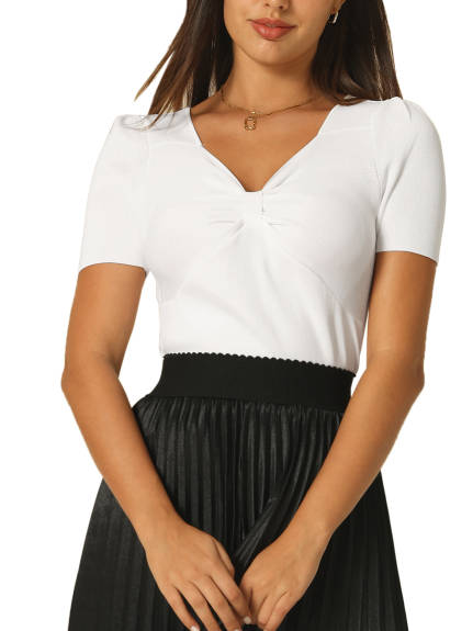 Hobemty- Knit Sweetheart Neck Short Sleeve Ribbed Top