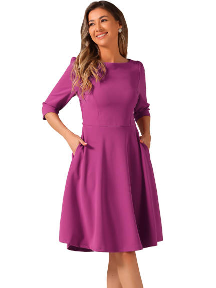 Allegra K - Boat Neck Short Sleeves Midi Office Dress