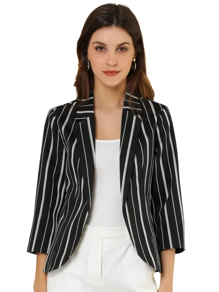 Allegra K- Striped 3/4 Sleeves Open Front Notched Lapel Blazer