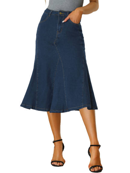 Allegra K - A-Line Flared Midi Denim Skirt