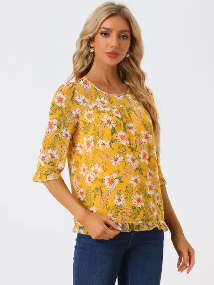 Allegra K- Blouse florale en mousseline à manches 3/4 et à volants