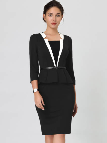 Hobemty- Notch Collar Peplum Pencil Dress