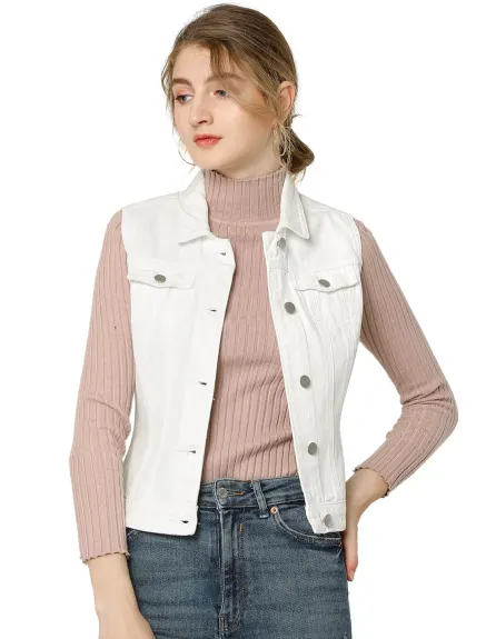 Allegra K- Gilet boutonné en denim délavé avec poches à rabat