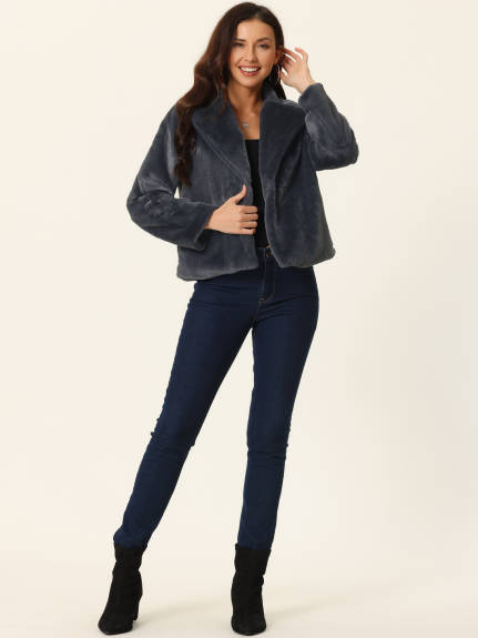 Allegra K- Cropped Notch Lapel Fluffy Coat