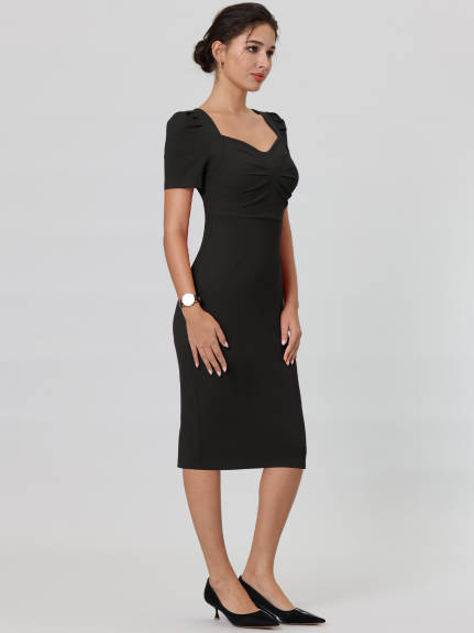 Hobemty- Sweetheart Neck Puff Short Sleeve Sheath Dress