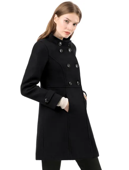 Allegra K- Stand Collar Long Sleeves Double Breasted Coat