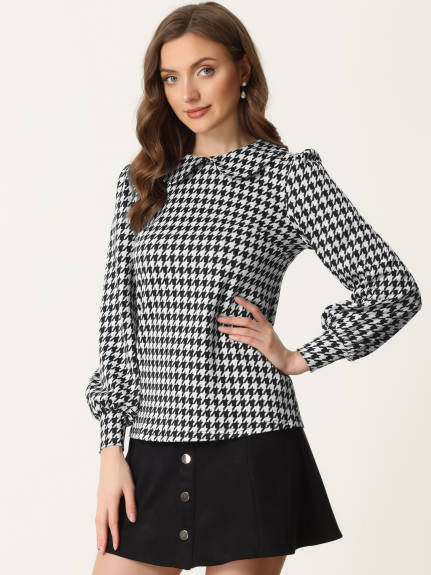 Allegra K- Houndstooth Plaid Button Back Blouse