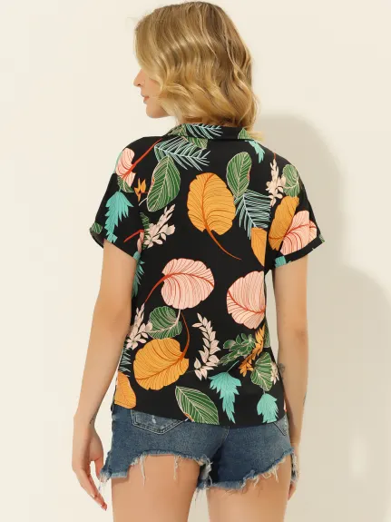 Allegra K- Beach Tropical Floral Leaves Button Down Shirt