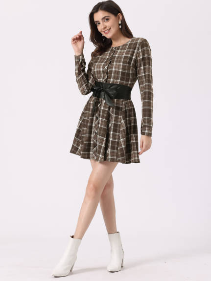 Allegra K- Plaid Long Sleeve Belted A-Line Shirt Dress