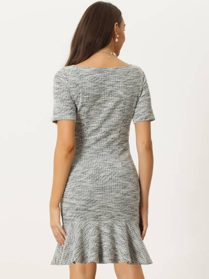 Allegra K- Tweed Short Sleeve Fishtail Midi Dress