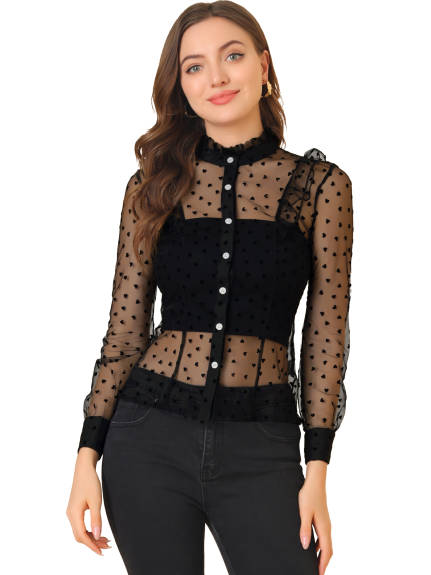 Allegra K - Heart Print Button Ruffle Sheer Mesh Top