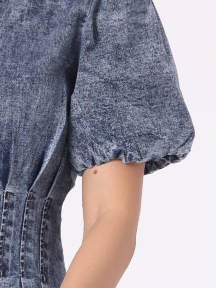 INSPIRE CHIC - Puff Short Sleeve Button Down Jean Dress