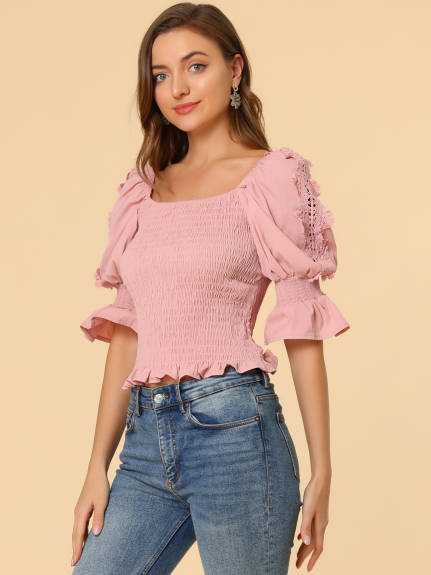 Allegra K- Smocked Waist Square Neck Ruffle Sleeve Blouse