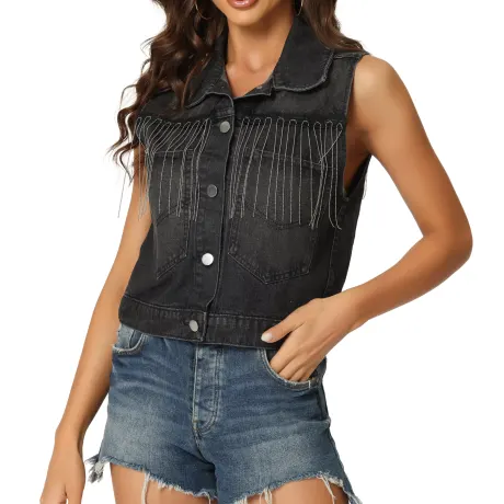 Allegra K- veste en Denim bouton pompon