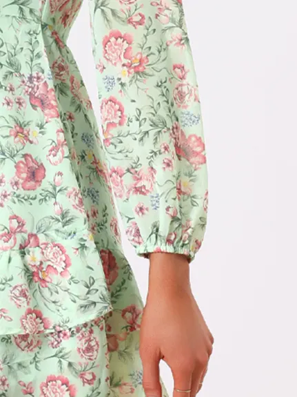 Allegra K- Mini-robe en mousseline à volants et col noué à fleurs