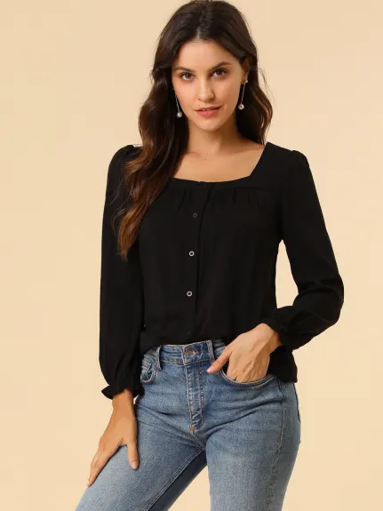 Allegra K - Tie Back Puff Sleeve Square Neck Button Blouse