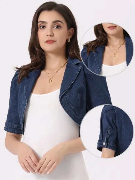 Allegra K- Short Sleeve Lapel Crop Denim Cardigan Jacket