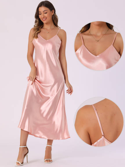 Allegra K - Satin V Neck Spaghetti Strap Maxi Dress