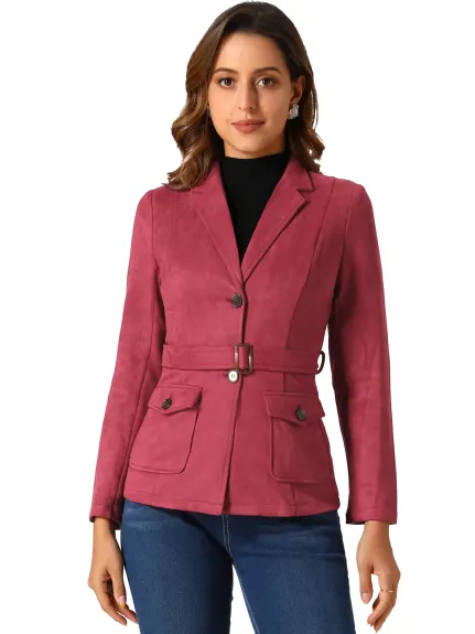 Allegra K- Faux Suede Belted Single Breasted Blazer Jacket Coat